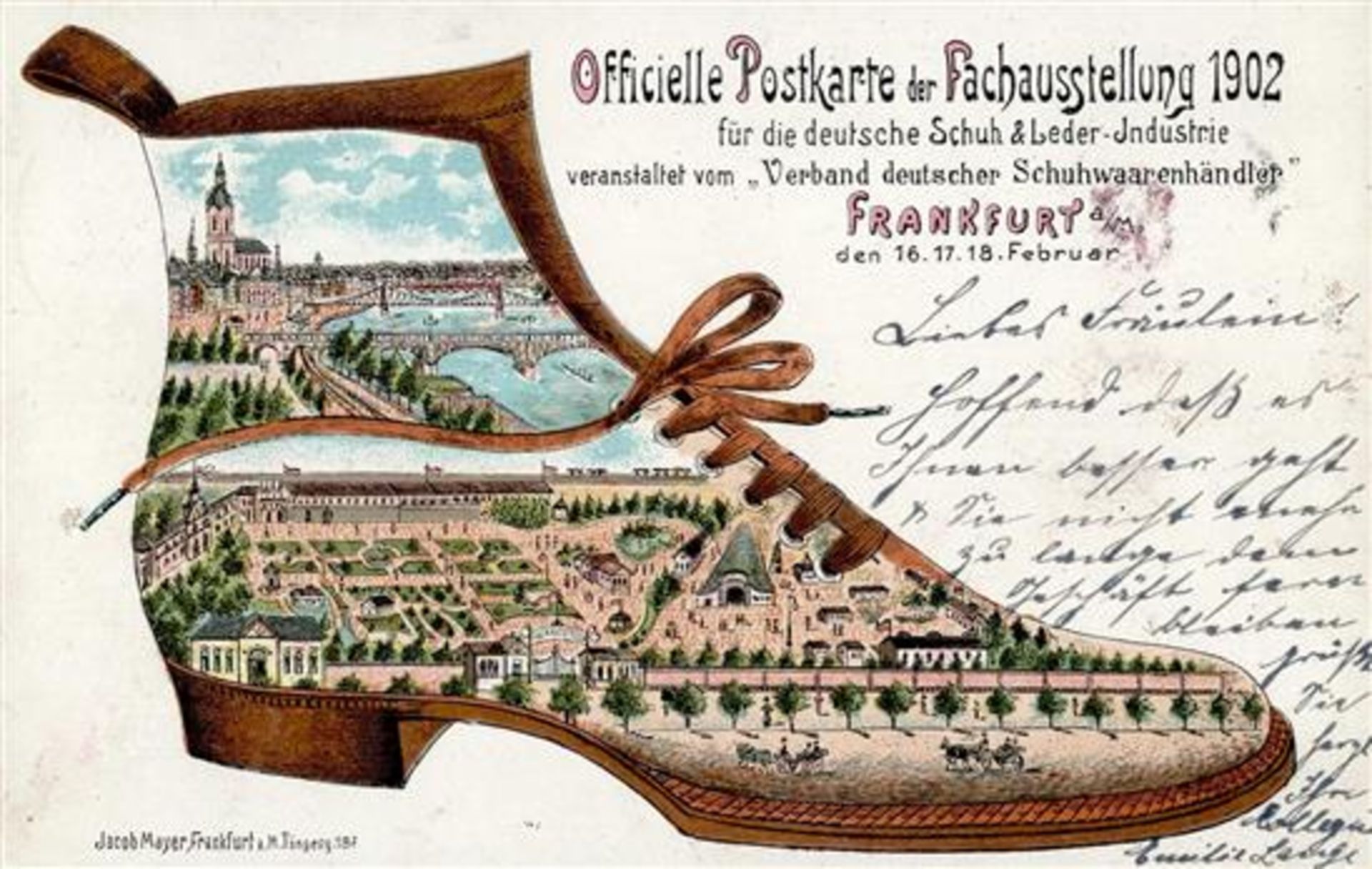 FRANKFURT/Main - Offiz. Postkarte d. SCHUH&LEDERINDUSTRIE-AUSSTELLUNG 1902 minimaler Einriß! I-II
