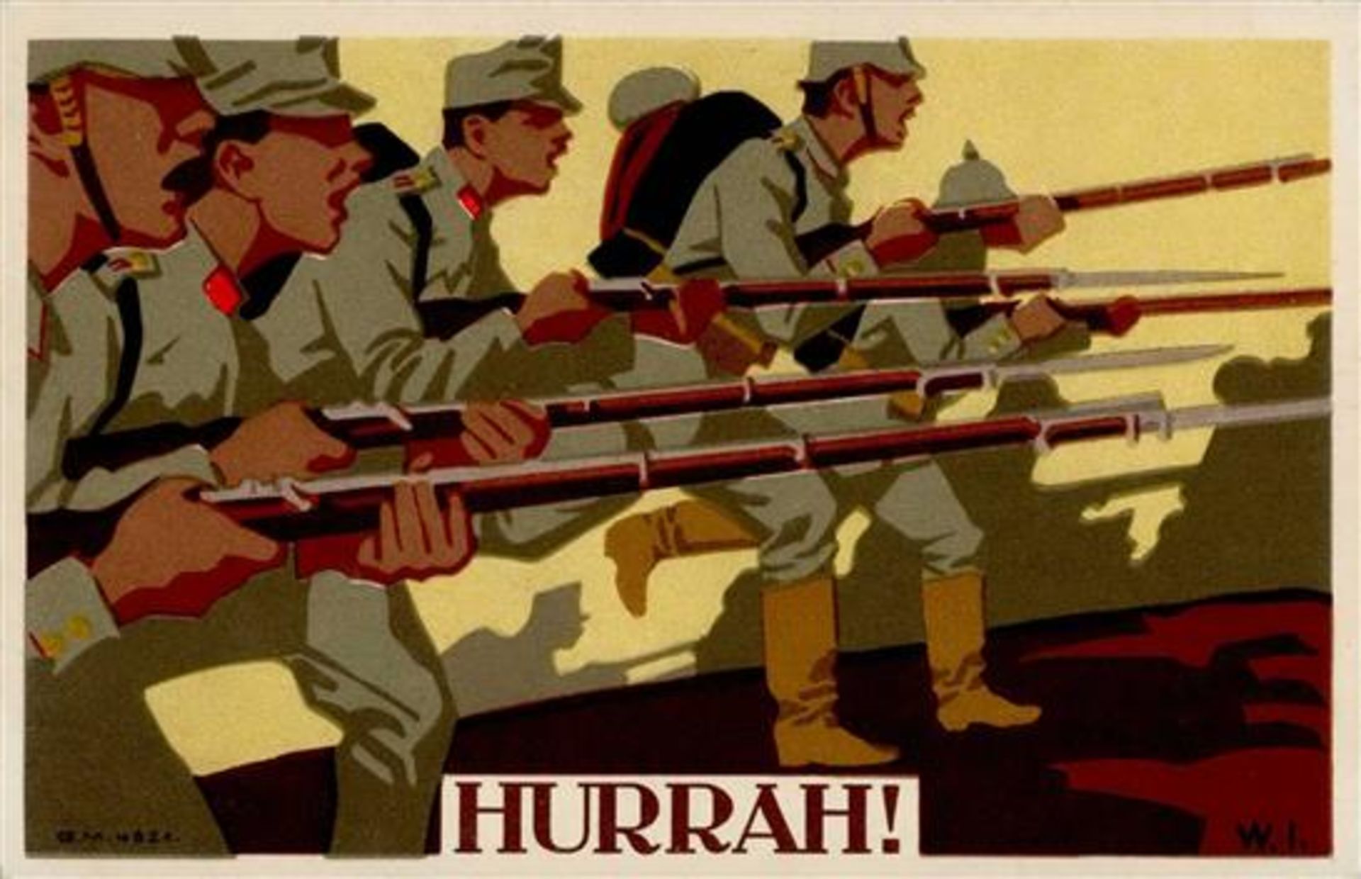 Propaganda WK I Hurrah Soldaten mit Bajonett Künstler-Karte I-II
