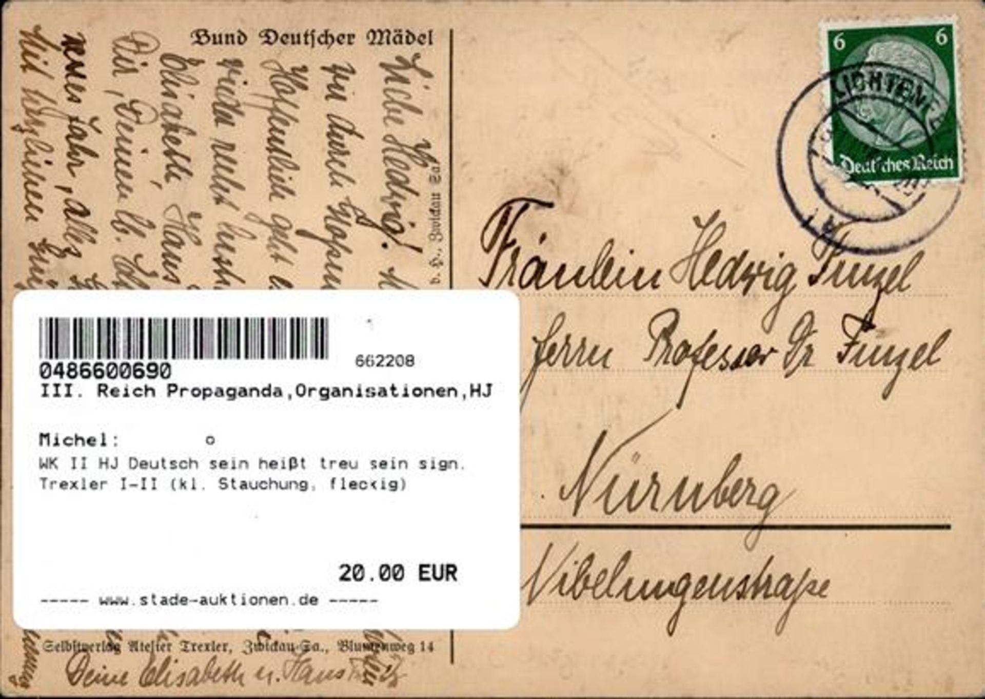WK II HJ Deutsch sein heißt treu sein sign. Trexler I-II (kl. Stauchung, fleckig) - Bild 2 aus 2