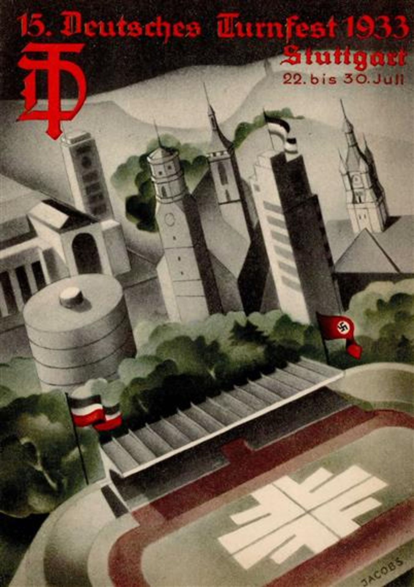STUTTGART WK II - 15. DEUTSCHES TURNFEST 1933 Festpostkarte 3 Künstlerkarte sign. Jacobs I