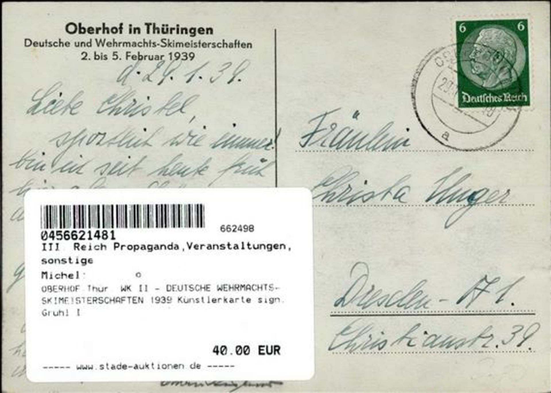OBERHOF,Thür. WK II - DEUTSCHE WEHRMACHTS-SKIMEISTERSCHAFTEN 1939 Künstlerkarte sign. Gruhl I - Bild 2 aus 2