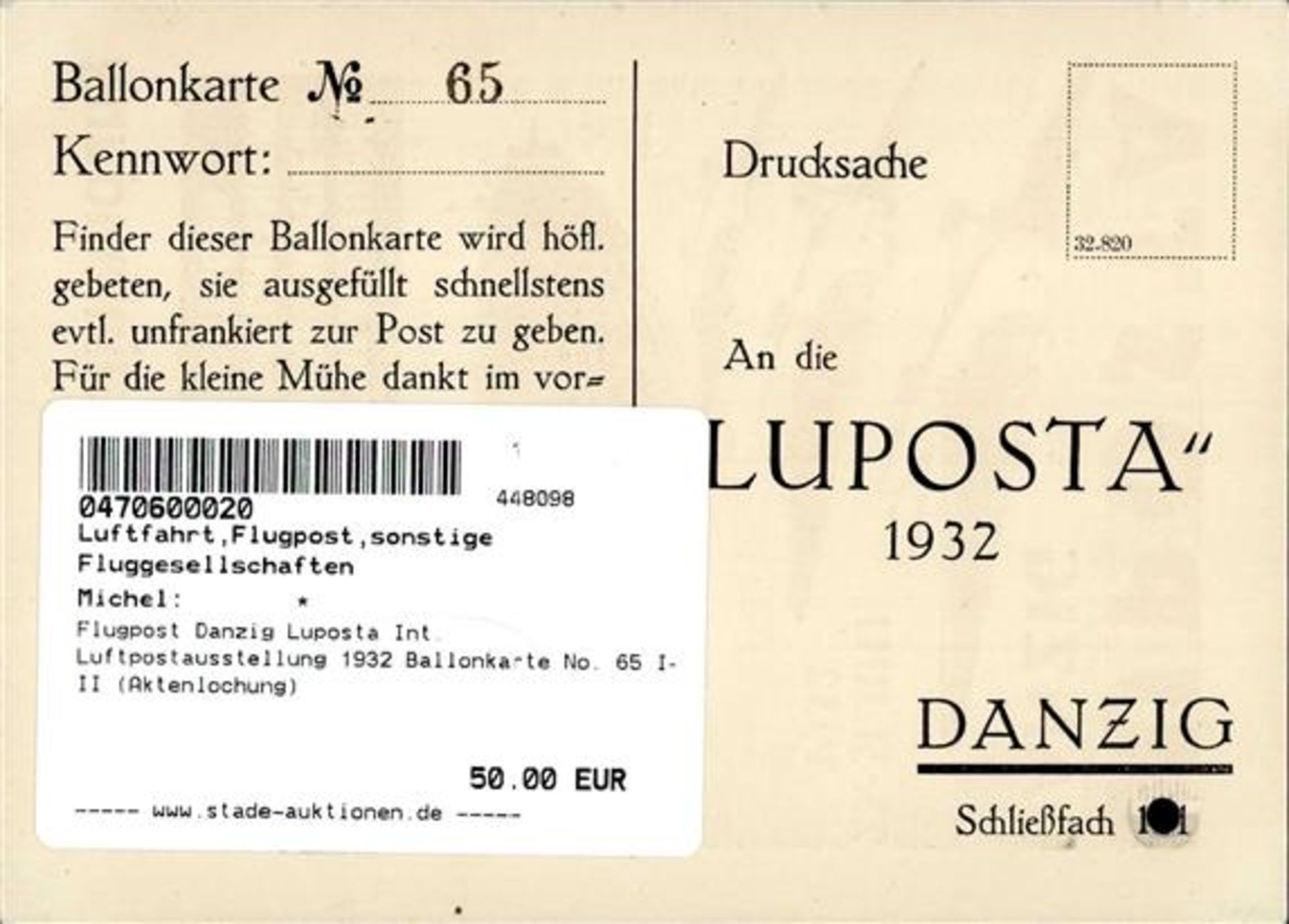 Flugpost Danzig Luposta Int. Luftpostausstellung 1932 Ballonkarte No. 65 I-II (Aktenlochung)