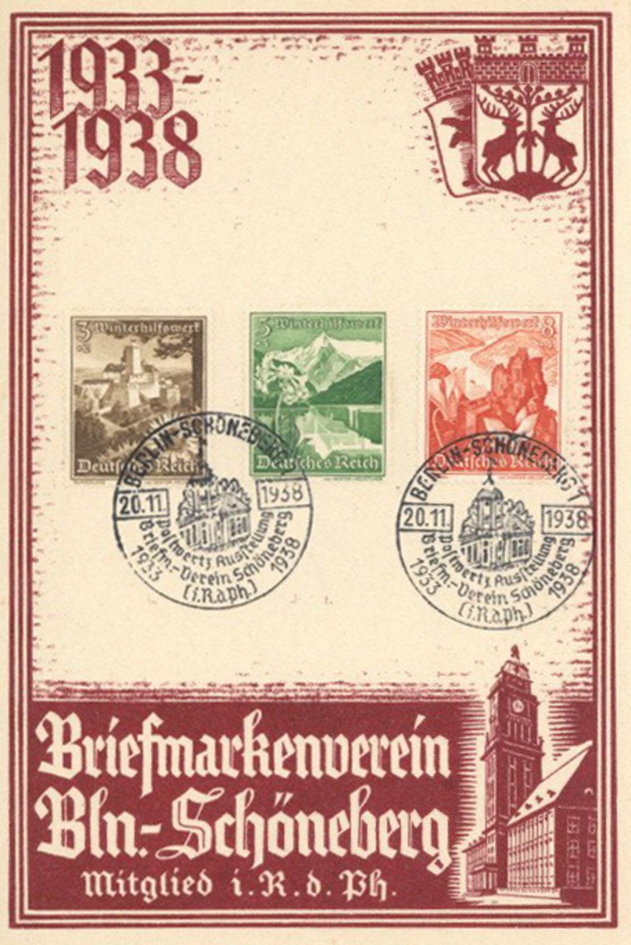 NS-GEDENKBLATT WK II - großes Gedenkblatt POSTWERTZEICHEN-AUSSTELLUNG BERLIN-SCHÖNEBERG 1938 mit S-o