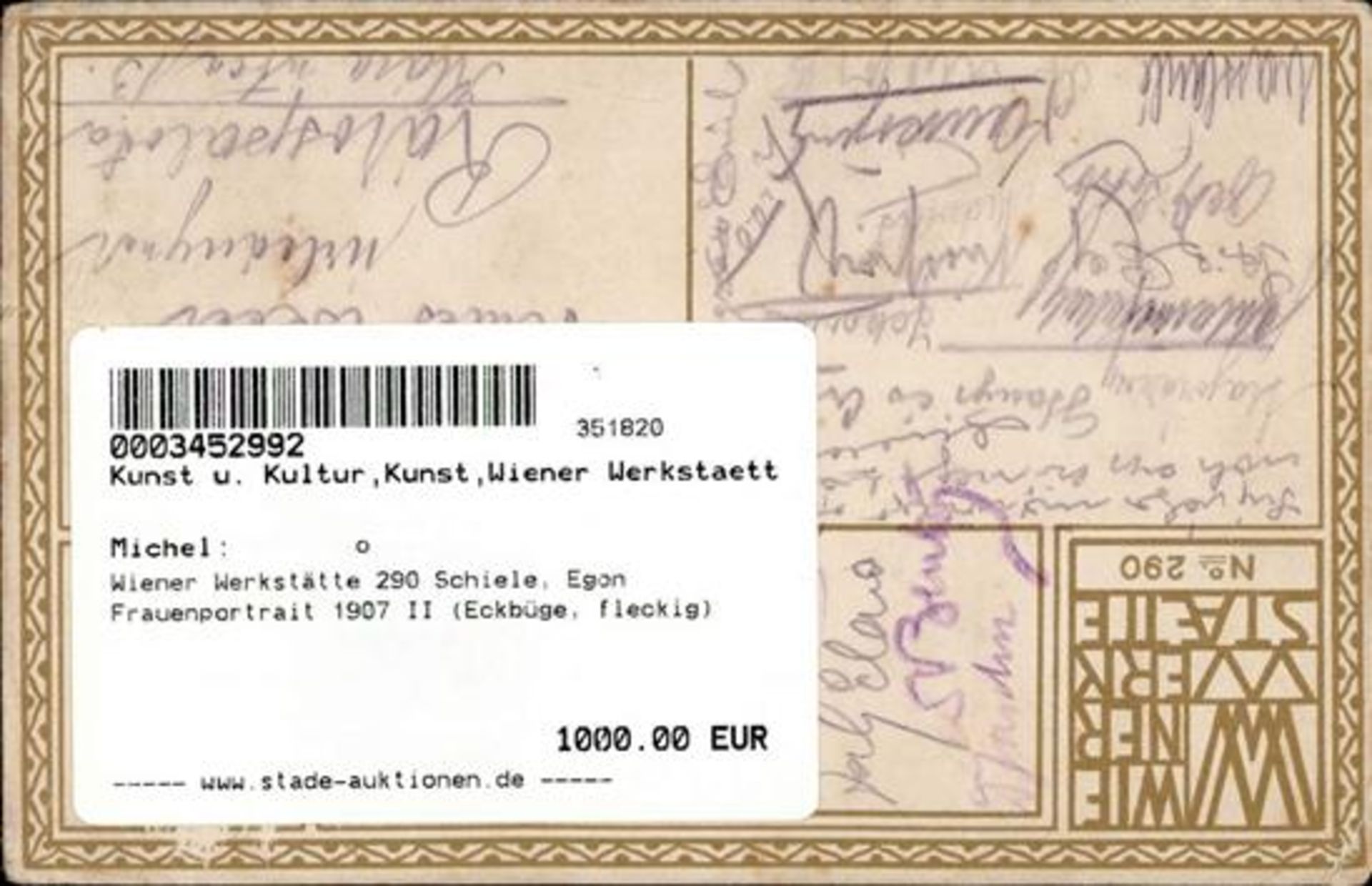Wiener Werkstätte 290 Schiele, Egon Frauenportrait 1907 II (Eckbüge, fleckig) - Image 2 of 2