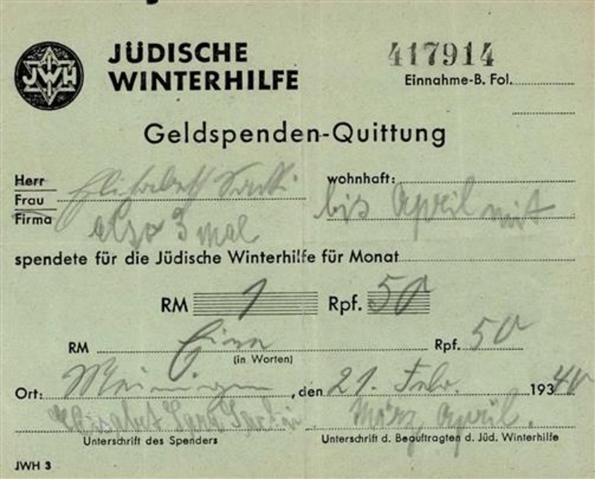 WHW WK II Jüdische Winterhilfe Spendenquittung I-II