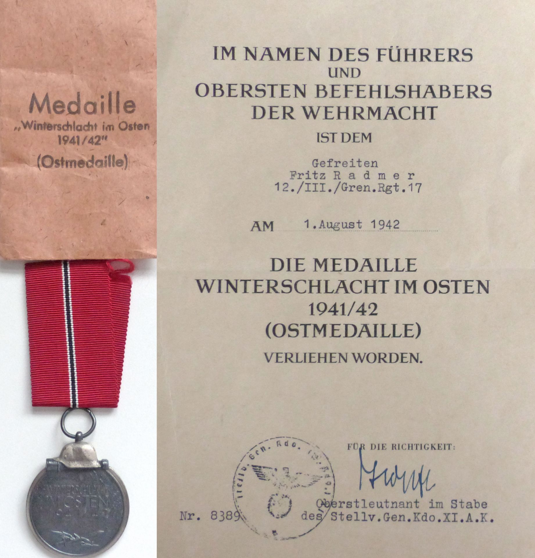 WK II Orden Medaille Winterschlacht im Osten 1941/42 am Band Hersteller im Bandring Nr. 93 R.