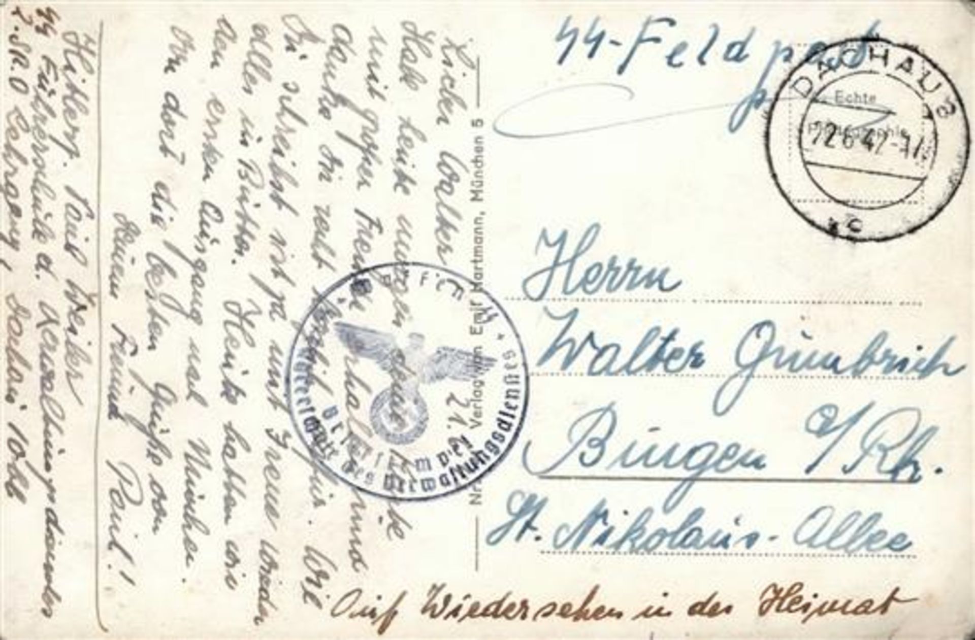 SS WK II - SS-Feldpostkarte WAFFEN-SS SS-FÜHRERSCHULE DACHAU 1942 Bedarfsspuren II