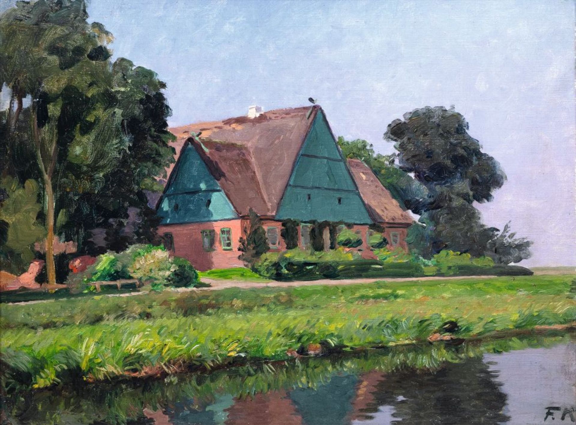 Friedrich Kallmorgen (Altona 1856 - Grötzingen 1924). Bauernhaus am Wasser.