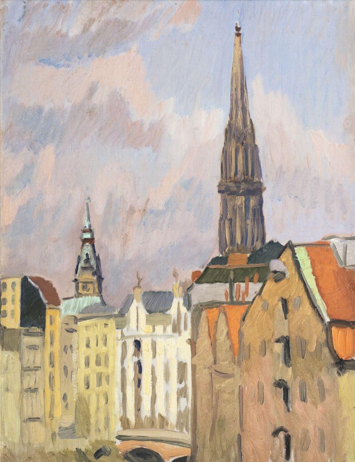 Paul Kayser (Hamburg 1869 - Donaueschingen 1942). Nikolaikirchturm und Rathausturm.