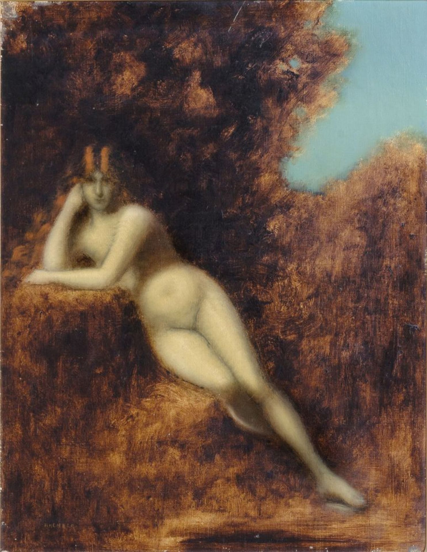 Jean Jacques Henner (Bernweiler 1829 - Paris 1905). Rothaariger Akt im Wald.