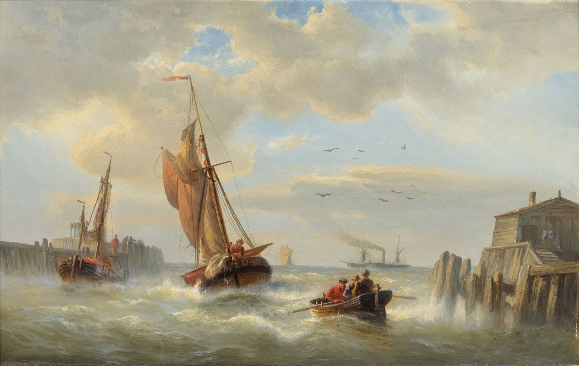 Franz Hünten (Hamburg 1822 - Hamburg 1887). Fischerboote und Raddampfer.