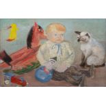 Reinhold Zulkowski (Bromberg 1899 - Hamburg 1966). Kind mit Katze und Spielzeug.