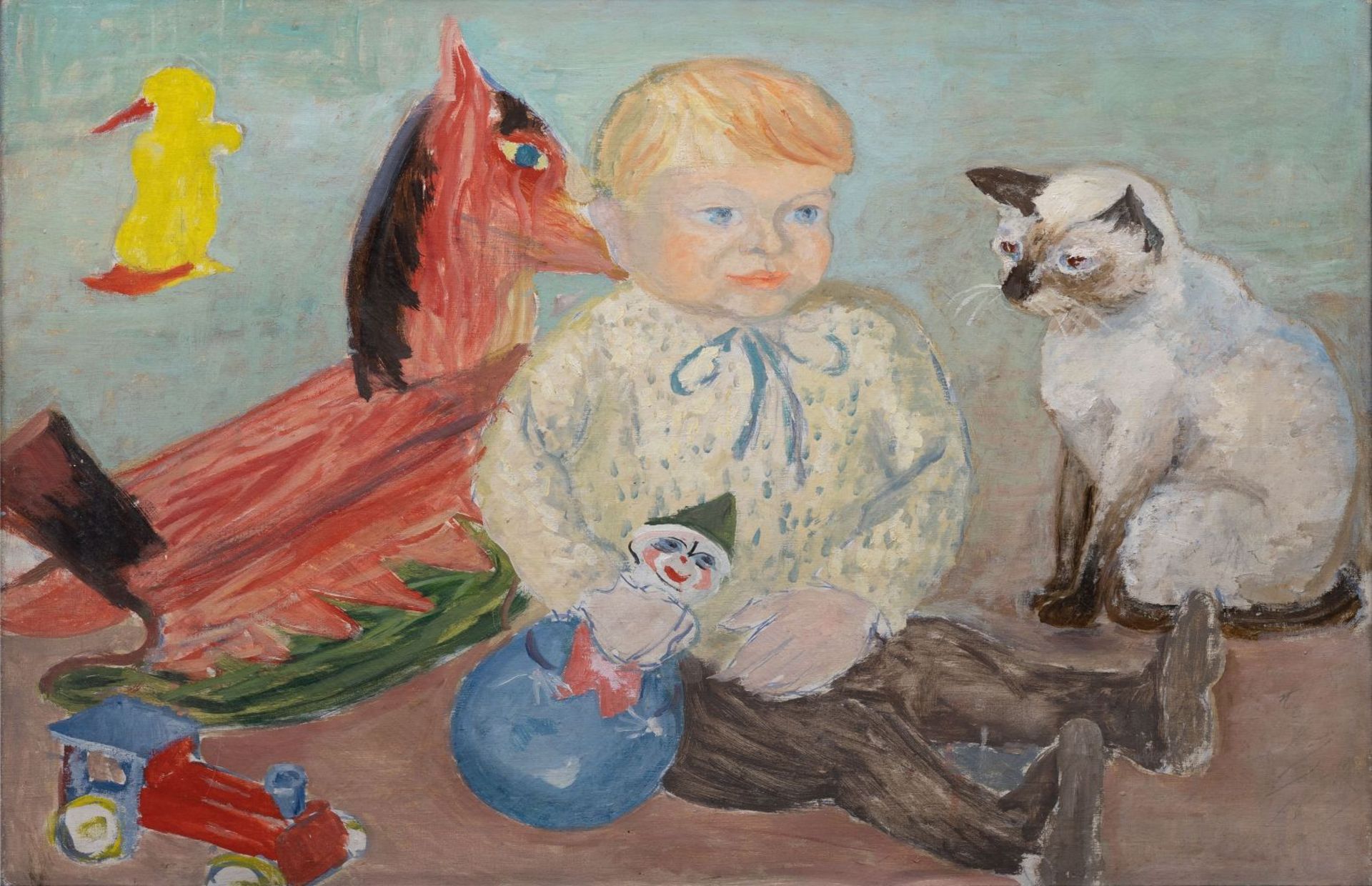 Reinhold Zulkowski (Bromberg 1899 - Hamburg 1966). Kind mit Katze und Spielzeug.