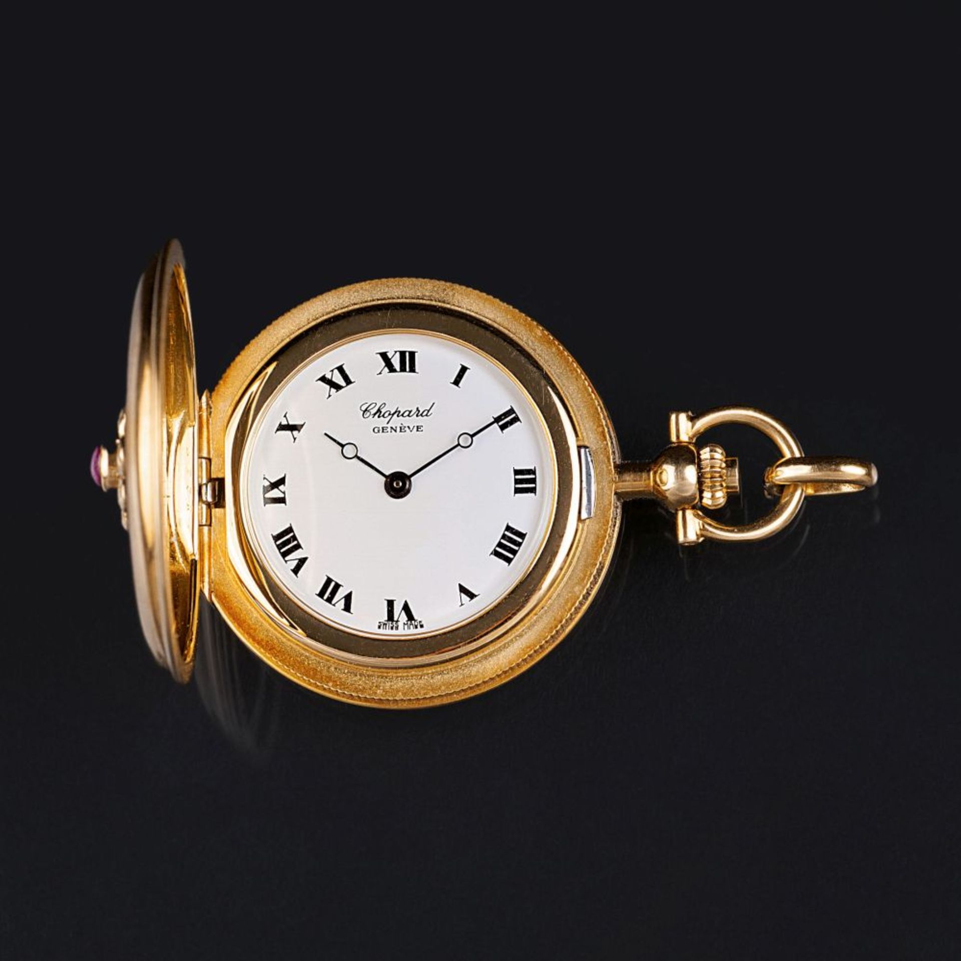 Chopard. Damen-Taschenuhr mit Rubin- und Brillant-Besatz.