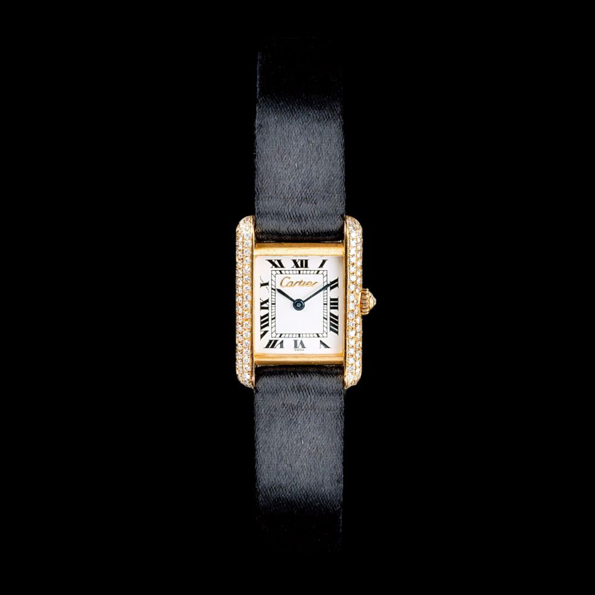 Cartier. Damen-Armbanduhr mit Diamanten 'Tank'.