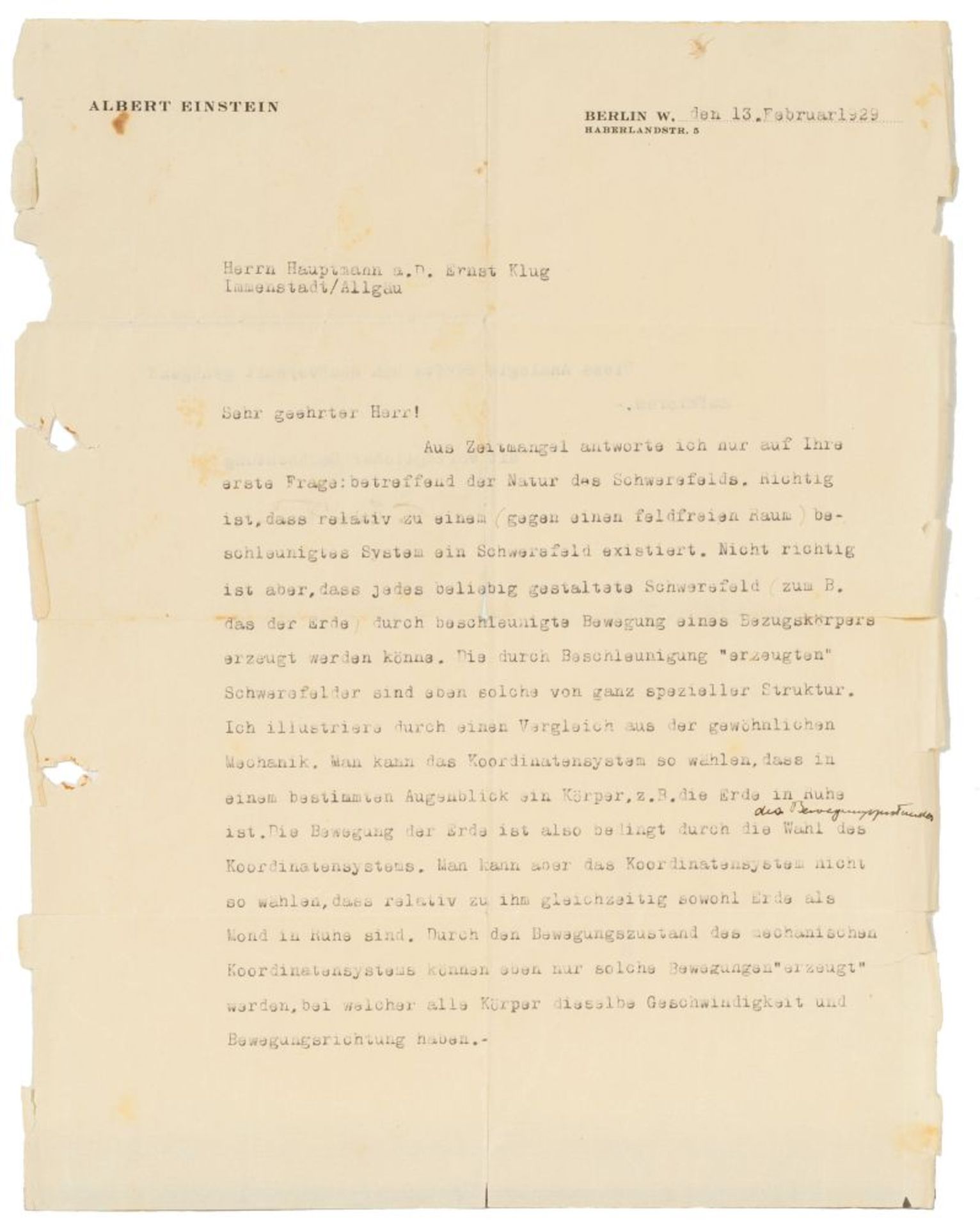 Einstein, Albert (Ulm 1879 - Princeton 1955). Letter to captain Ernst Klug.