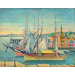 Pointillistischer Maler Um 1930. Segelschiffe im Hafen.
