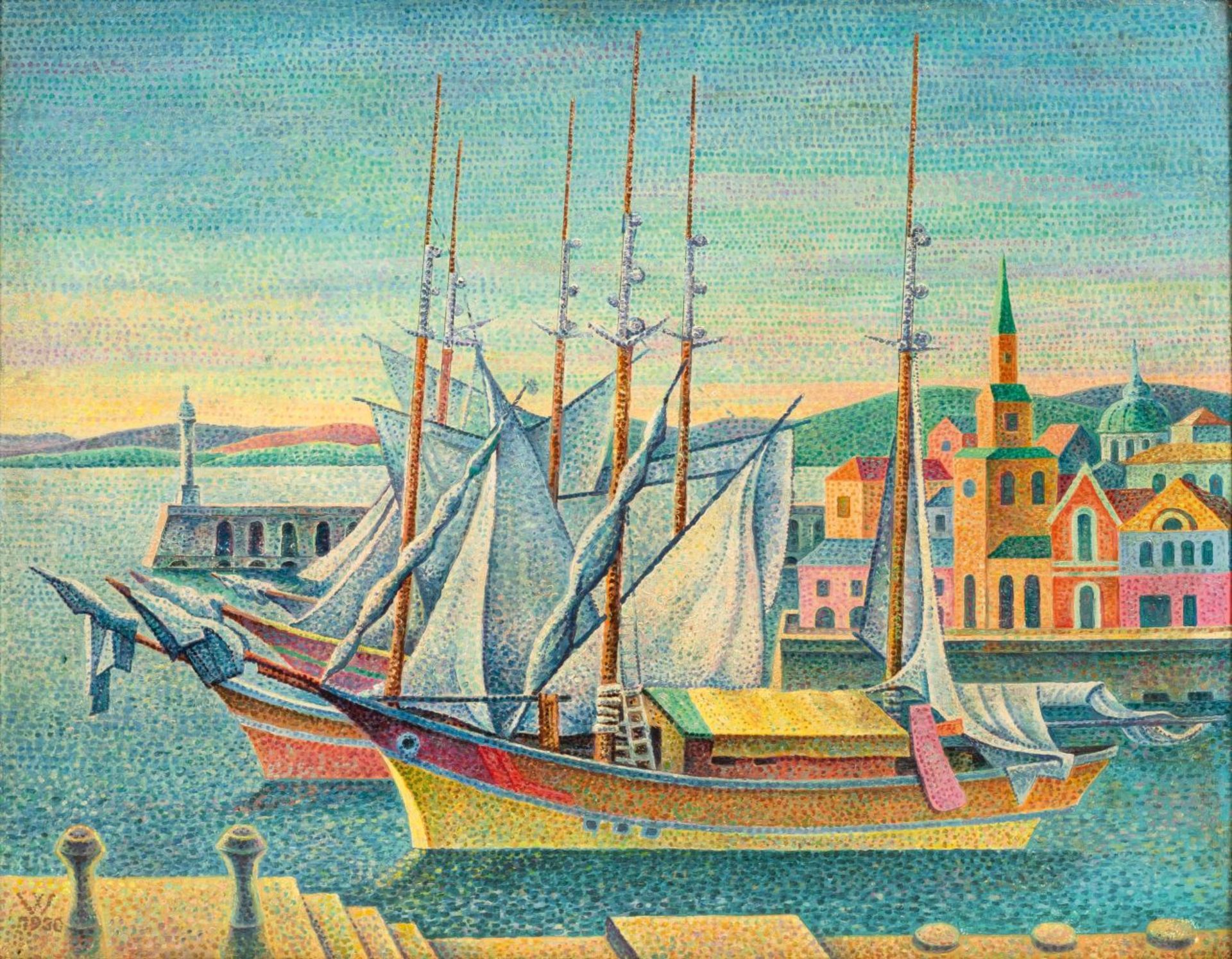 Pointillist Painter Around 1930. Ships in a Harbour.