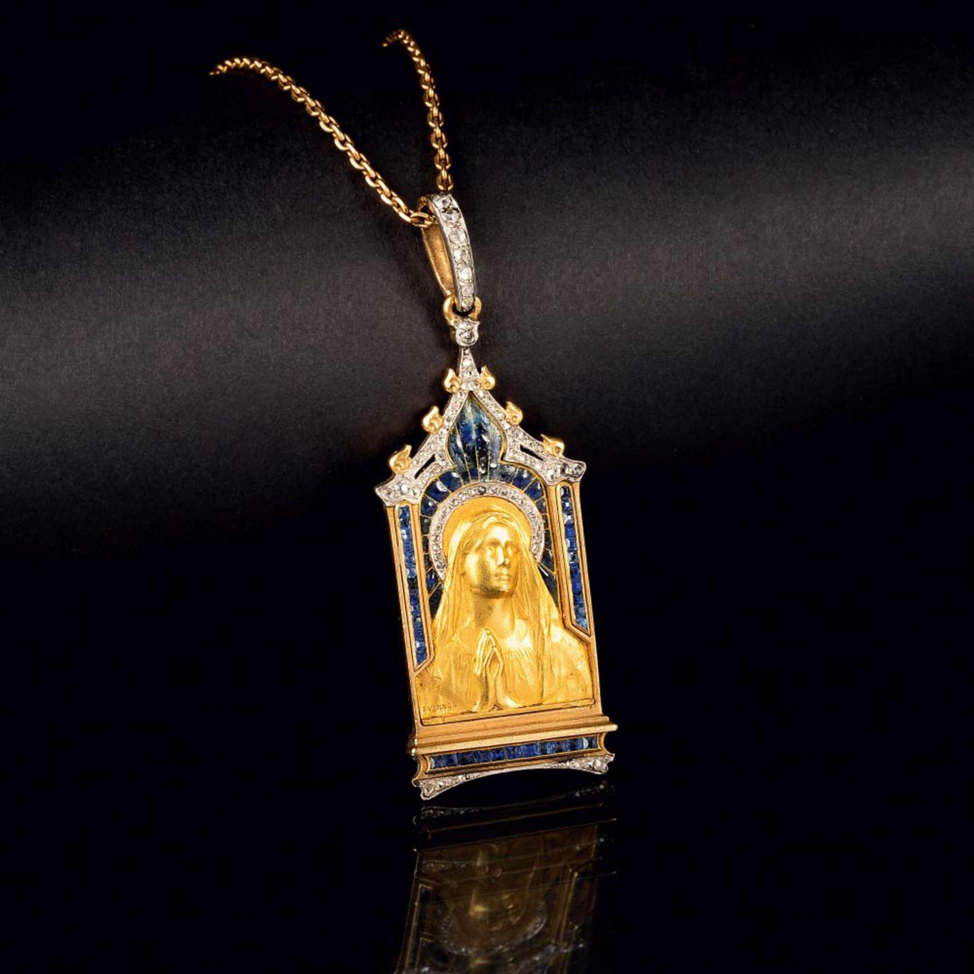 Julien Duval (1865), Juwelier ab 1894 Paris. Art Nouveau Diamant-Saphir-Anhänger 'Madonna' von Frede