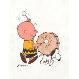 CHARLES SCHULZ - Charlie Brown and Snoopy with Drum - Watercolor and ink drawing on paper