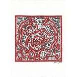 KEITH HARING - Snakeheads - Black and red marker drawing on paper
