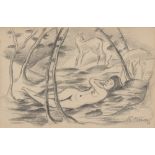 FRANZ MARC - Nackt mit zwei Hirschen in einer Landschaft - Pencil drawing on paper