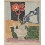 BEULAH TOMLINSON - Flowers and Pitcher at the Window - White line color woodcut