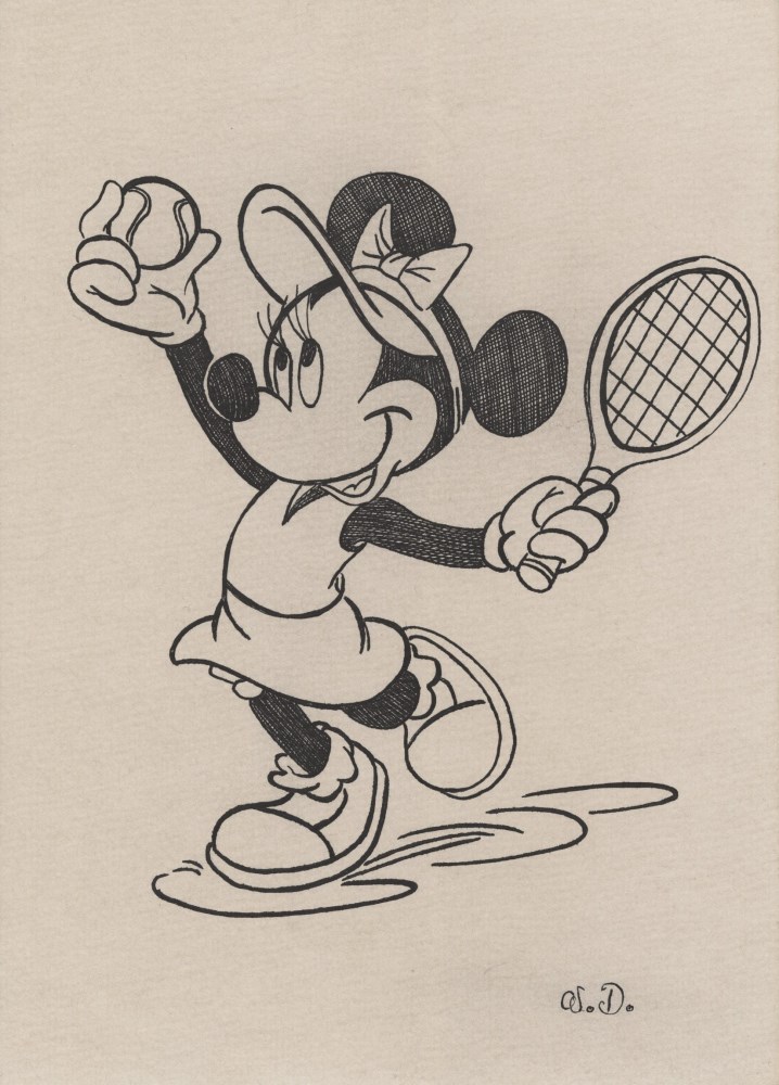 WALT DISNEY - Minnie Mouse Playing Tennis - Pen & ink drawing on paper