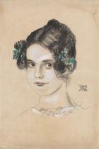 FRANZ VON STUCK - Bildnis der Tochter Mary mit grünen Bändern - Pastel and pencil chalk on paper