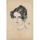 FRANZ VON STUCK - Bildnis der Tochter Mary mit grünen Bändern - Pastel and pencil chalk on paper