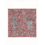 KEITH HARING - Two Robots - Black and red marker drawing on paper
