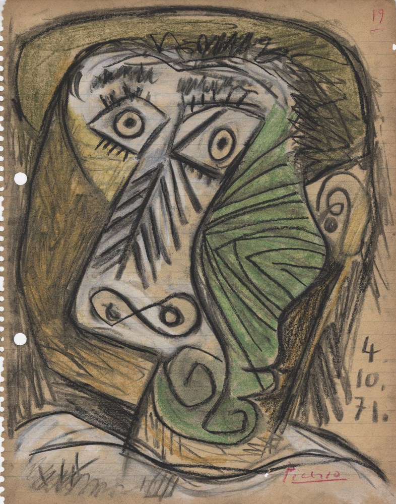 PABLO PICASSO - Tête 4-10-1971 - Charcoal, crayon, and watercolor drawing on paper