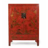 A CHINESE RED AND GILT LACQUER SQUARE CORNER CUPBOARD, FANGJIAOGUI, QING DYNASTY, 19TH CENTURY