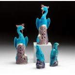 A PAIR OF CHINESE TURQUOISE AND AUBERGINE- GLAZE PHOENIX BIRDS, REPUBLIC OF CHINA, 1949 -