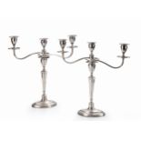 A PAIR OF VICTORIAN SILVER THREE LIGHT CANDELABRA, HAWKSWORTH, EYRE AND CO LIMITED, SHEFFIELD, 1896