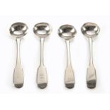 FOUR WILLIAM IV SILVER FIDDLE PATTERN MUSTARD SPOONS, VARIOUS MAKERS AND DATES
