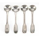 A PAIR OF VICTORIAN SILVER FIDDLE, THREAD AND SHELL PATTERN MUSTARD SPOONS, MARKS INDISTINCT