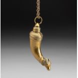 AN INDIAN BRASS ROSEWATER DROPPER IN THE FORM OF NANDI Suspended on a link chain 16,5cm long
