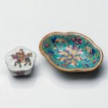 A MINIATURE FAMILLE ROSE BOX AND COVER The shaped box painted to the lid with a boy astride a Qilin,