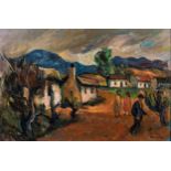 James Thackwray (South African 1919 - 1994): FIGURES IN A VILLAGE signed oil on canvas 61 by 92cm