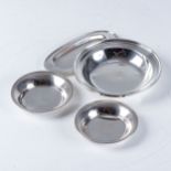 AMERICAN SILVER CIRCULAR DISH, PIN TRAY AND PAIR COASTERS