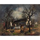 George Enslin (South African 1919 - 1972): FARMHOUSE WITH TURKEYS signed dated dated '57 oil on