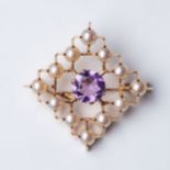 A PEARL AND AMETHYST BROOCH Of geometric design, claw-set to the center with a round mixed-cut