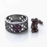 A RUBYLITE RING WITH MATCHING EARRINGS The ring pavé-set with created rubies in a cross