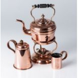 A COPPER KETTLE ON A WARMING STAND And a coffee pot and mug. Distress to the coffee Pot (4)