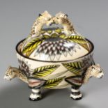 AN ARDMORE LEOPARD DISH AND COVER, 2010 The finely painted circular dish raised on three leopard-paw