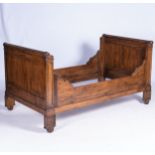 A DEAL SLEIGH BED, 19TH CENTURY Each plain head and foot board surmounted by a turned rail, shaped