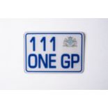 A GAUTENG NUMBERPLATE, MODERN  Accompanied by registration papers 111 ONE GP