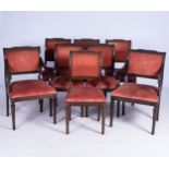 A SET OF EIGHT REGENCY-EBONISED DINING CHAIRS, 20TH CENTURY With scroll-caned top rails the backs