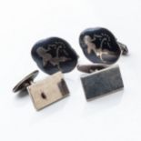 TWO PAIRS OF UNASSOCIATED CUFFLINKS Rectangular and scalloped designs, impressed 925